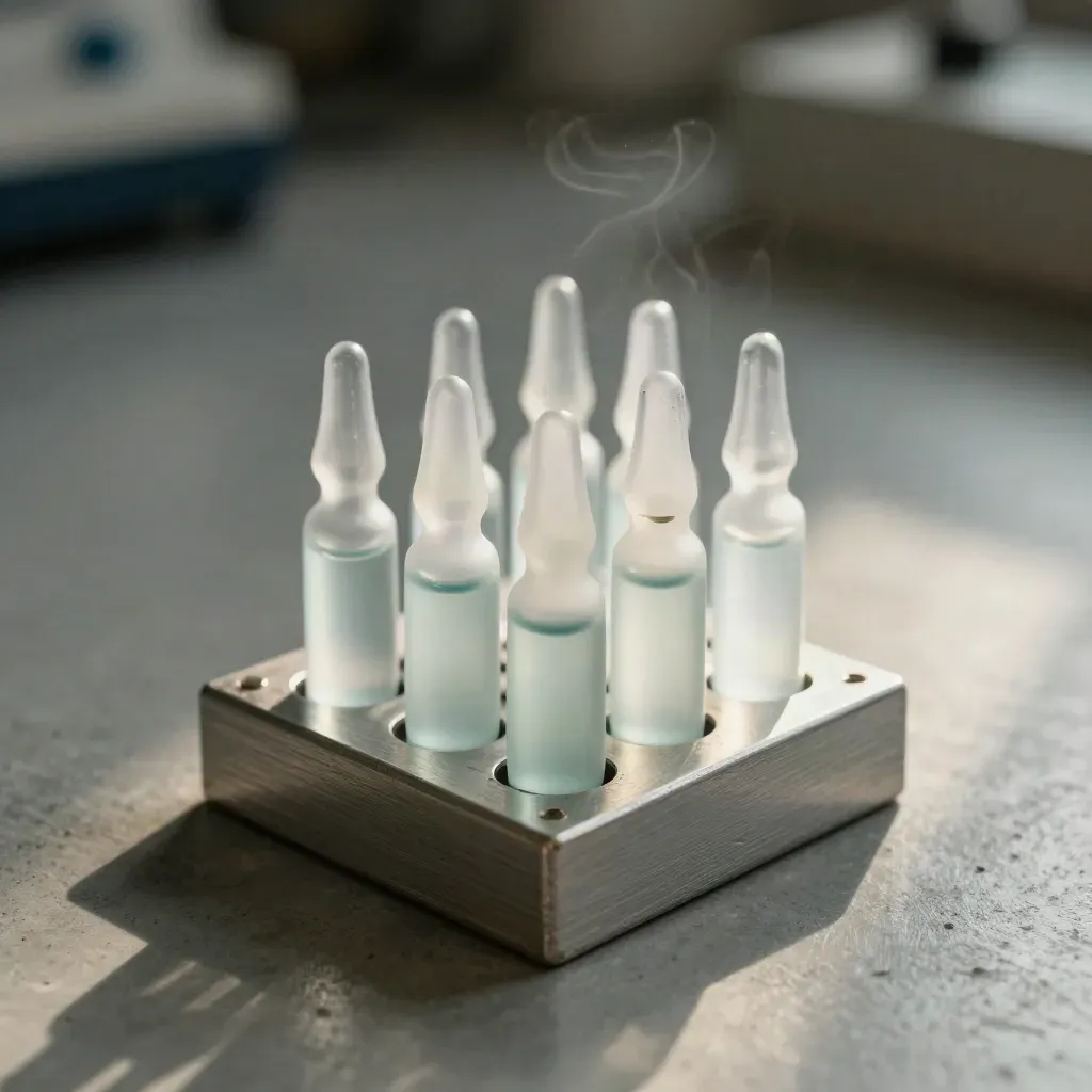 Anodized lab sample rack, frosted ampoules, and ceramic chips on brushed concrete.