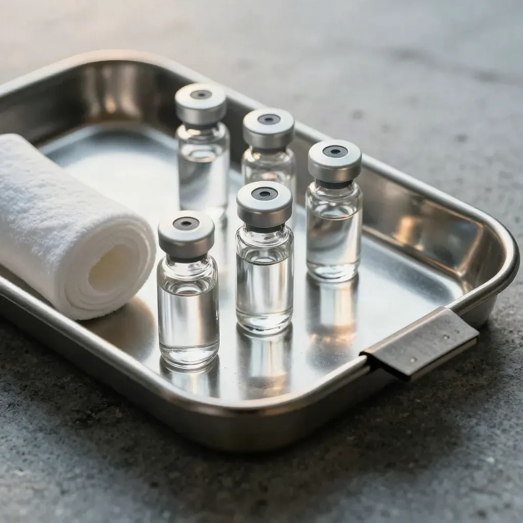 Macro flat lay of a medication tray, capped vials, cotton rolls, and a steel clamp on stone.