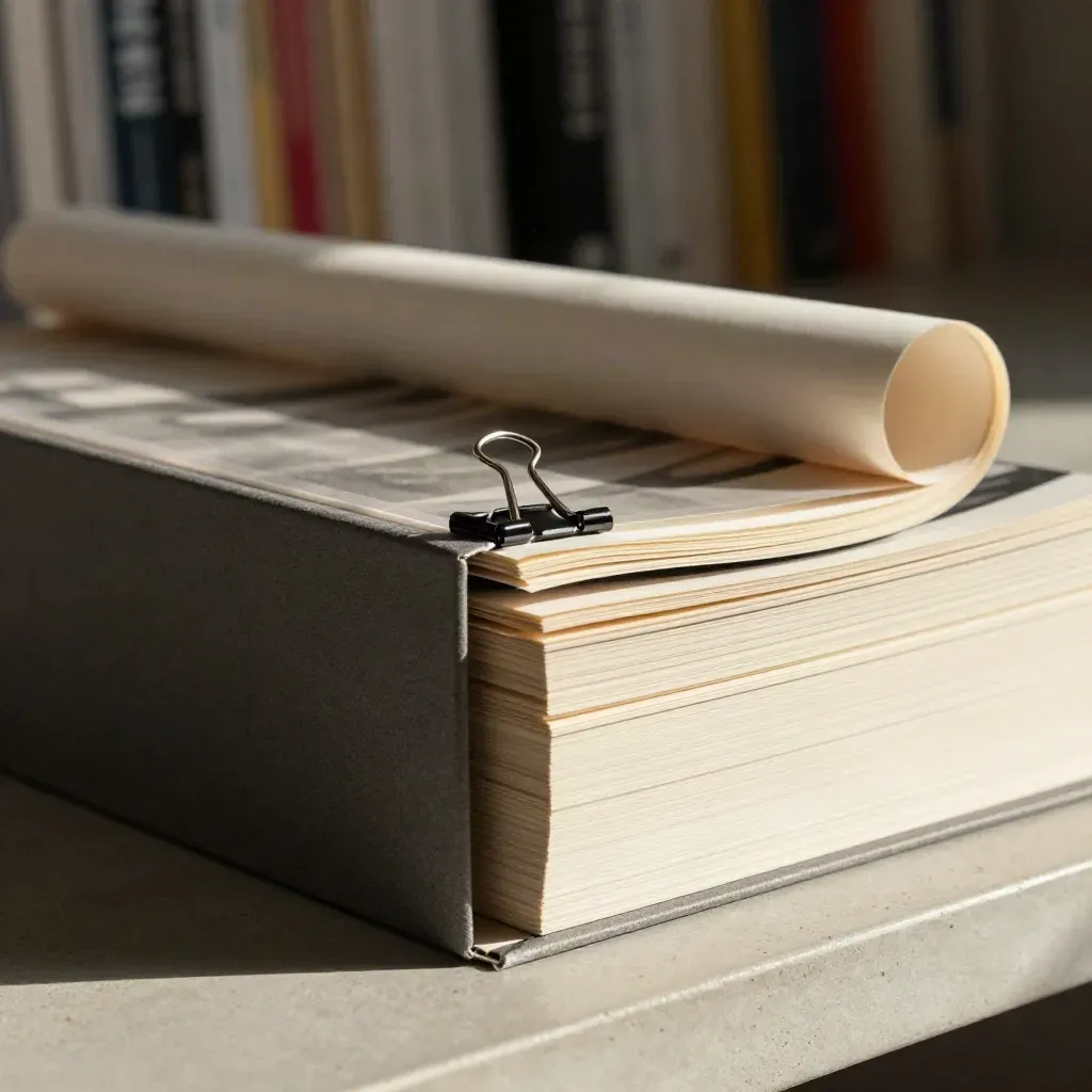 Macro of proofs, acetate sleeves, binder clips, and an archival box on concrete.