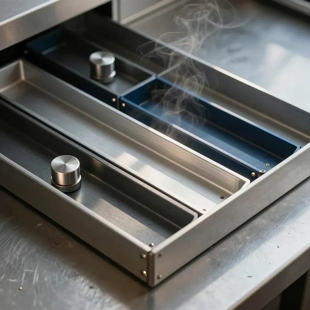Top-down still life of metal file inserts, lock cylinder, and trays on brushed steel with soft vapor