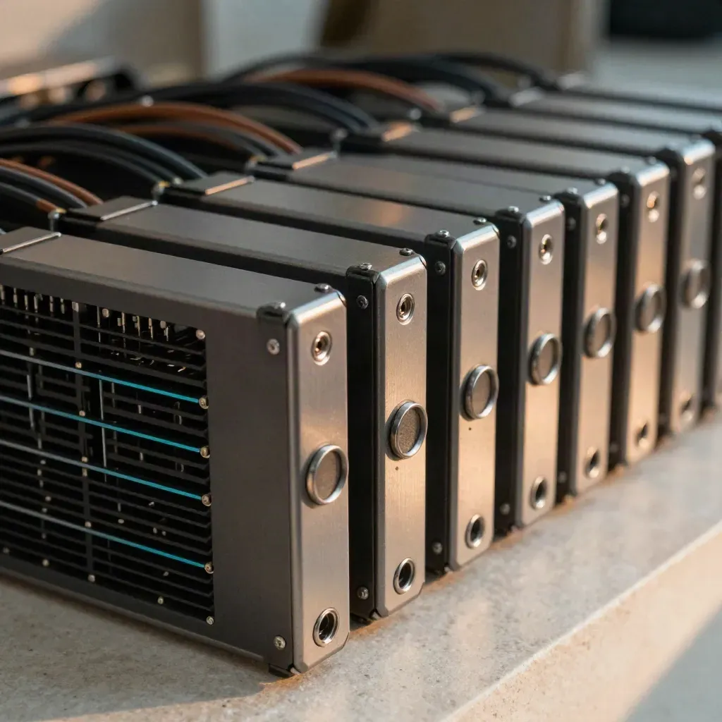 Hot-swap drive caddies and braided cables on pale stone in a data-center still life.