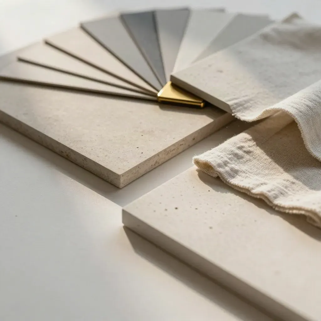 Architectural finish samples, brass corner piece, and swatch board on pale plaster under soft daylight.
