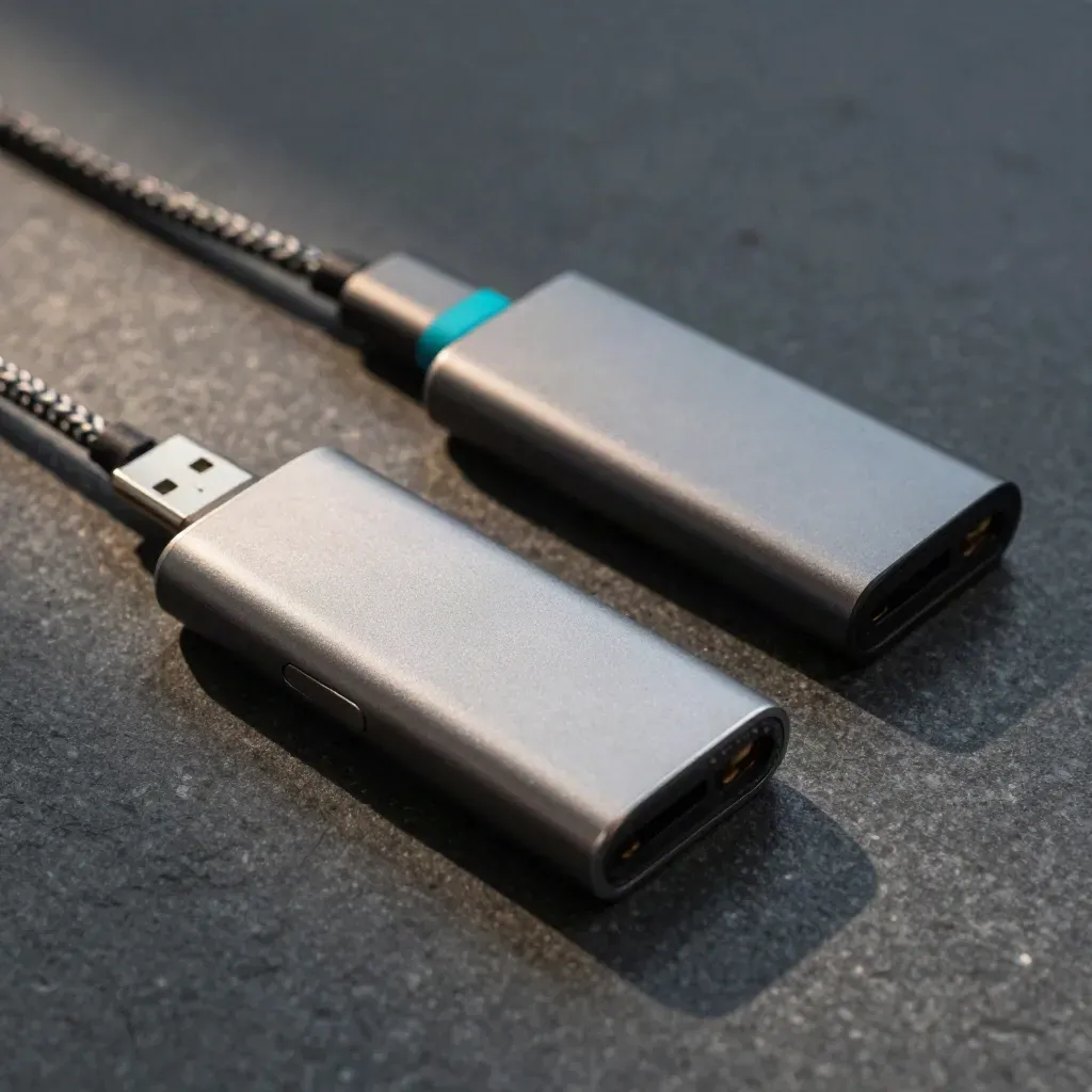 Two mirrored portable SSDs linked by a braided cable and cyan keeper on dark stone.