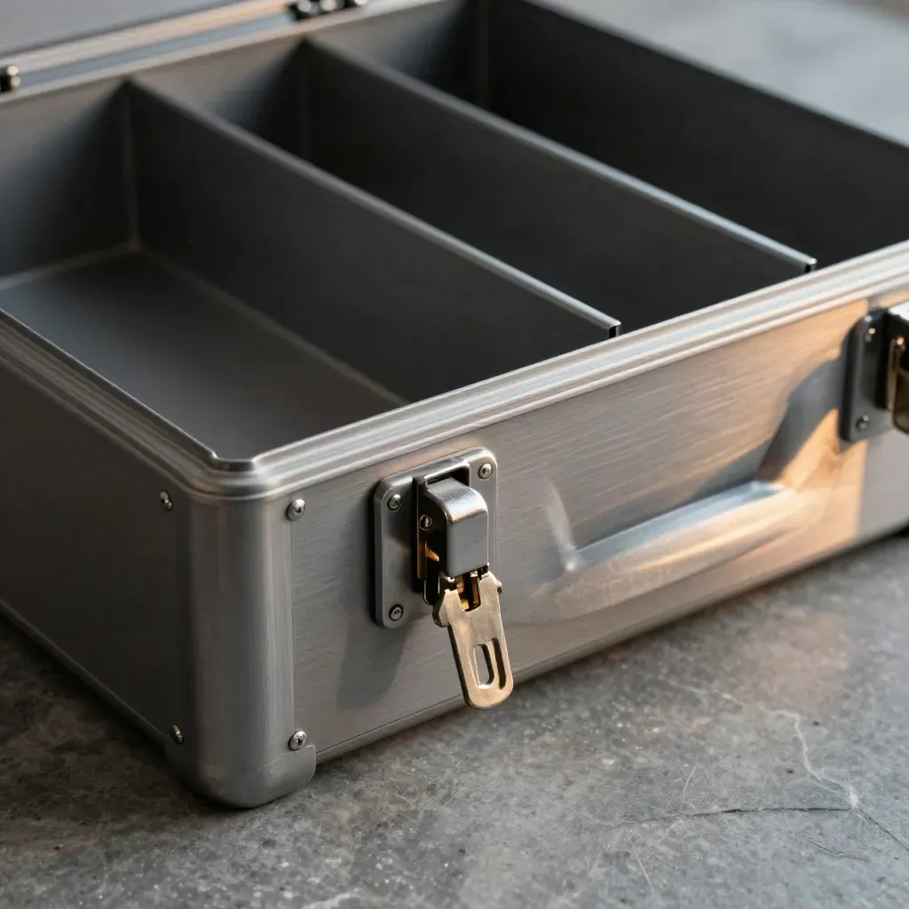 Brushed metal document case with dividers and latch on stone