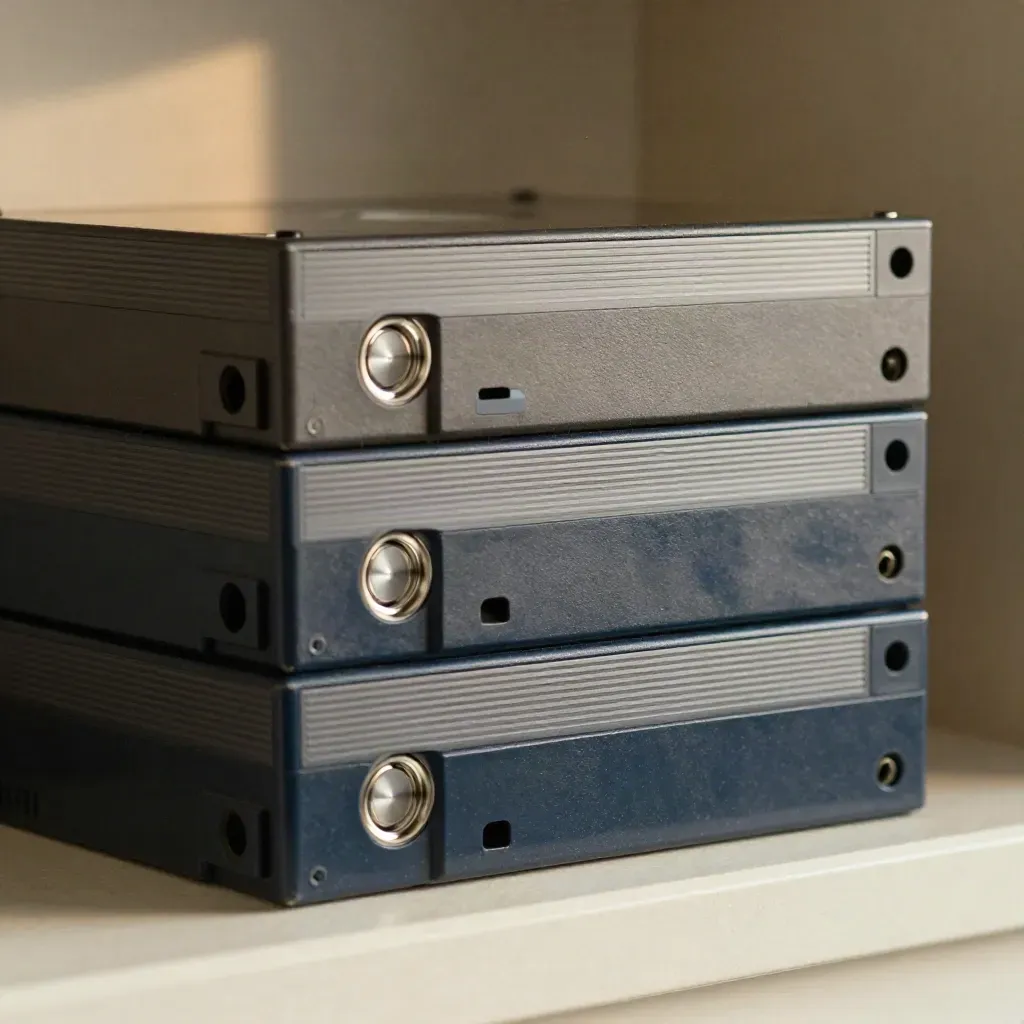 Three stacked archive tape cartridges with a shifted top cartridge on graphite stone, side-lit macro.