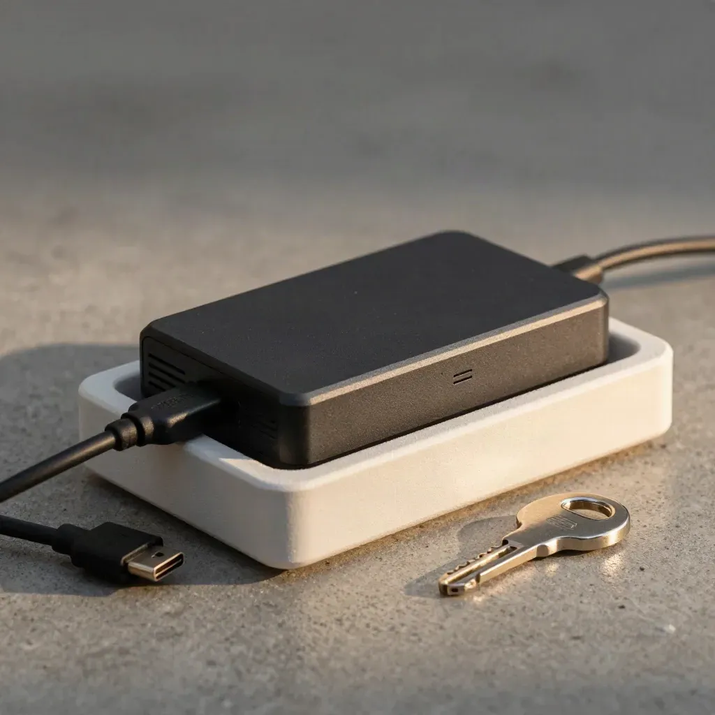 External drive in foam cradle with recovery key and cable on concrete.