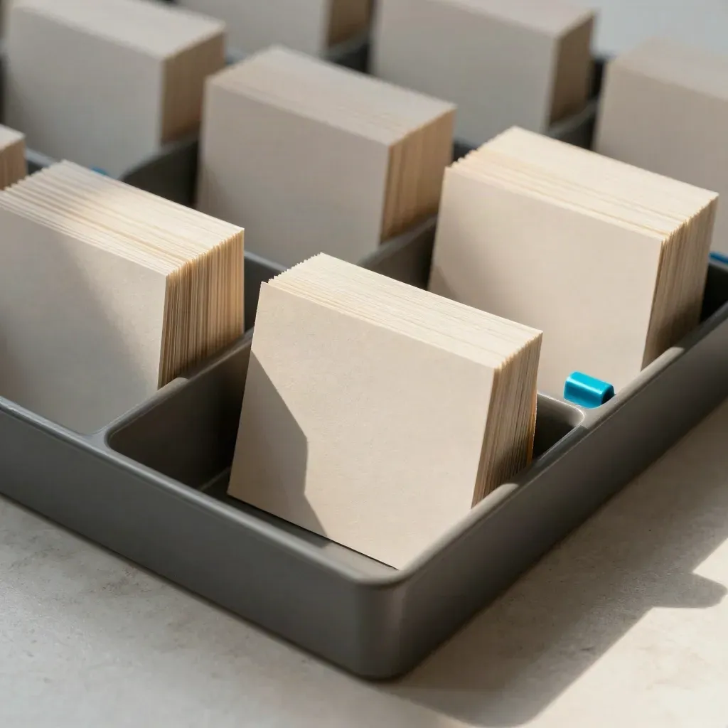 Top-down macro of tabbed dividers, cards, and a sorting tray on pale stone.