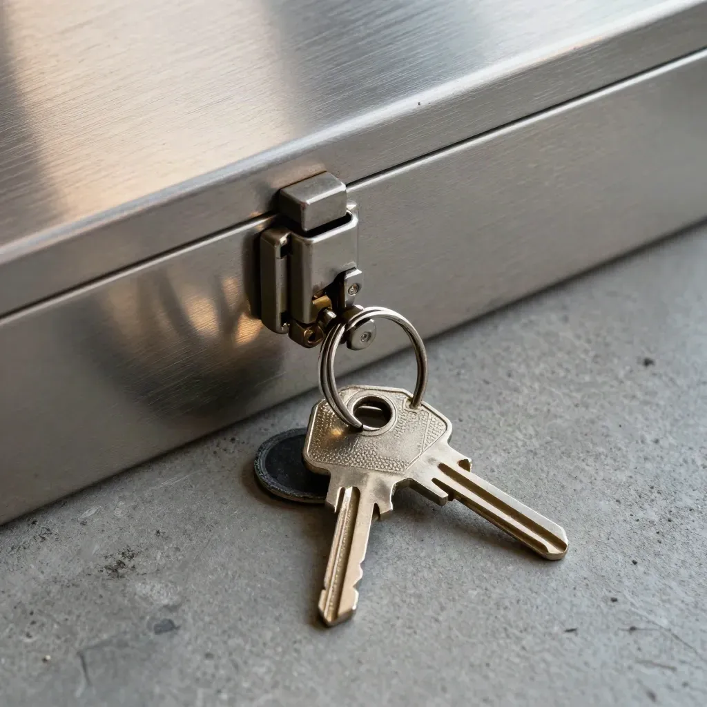 Brushed-steel lockbox with crossed keys and segmented latch on concrete