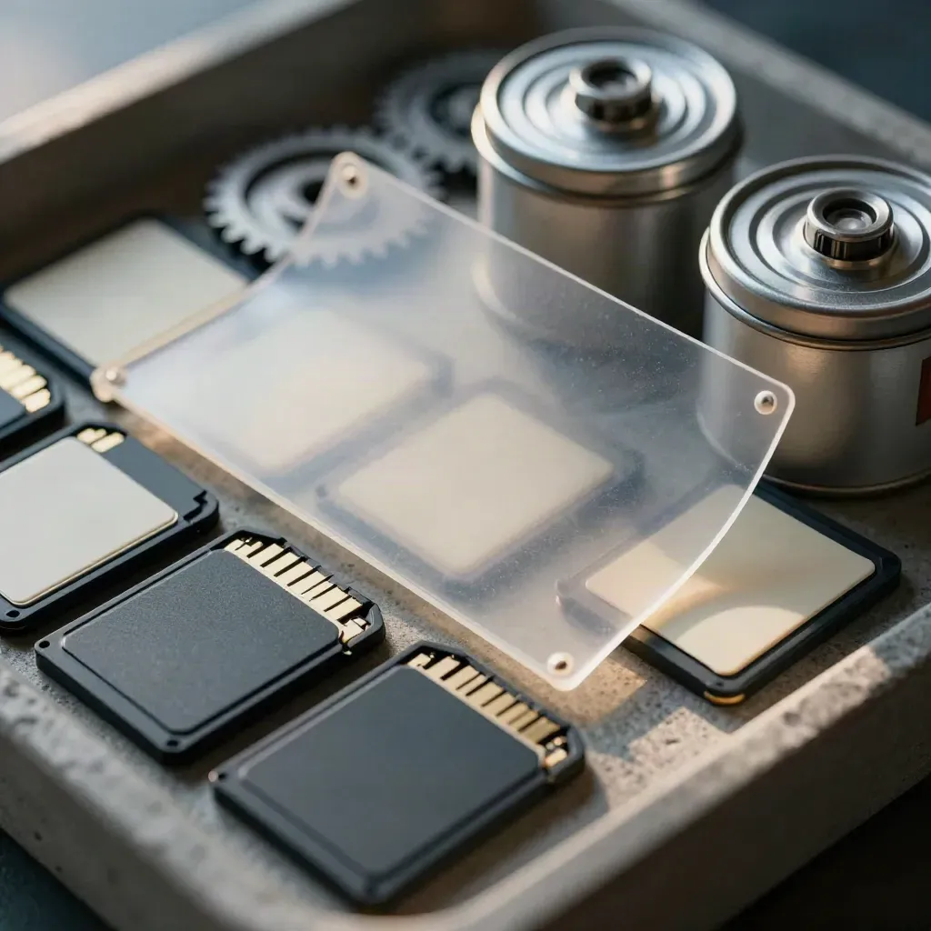 Macro overhead of memory cards, film canisters, matte-black cases, and acetate sleeves behind frosted acrylic.