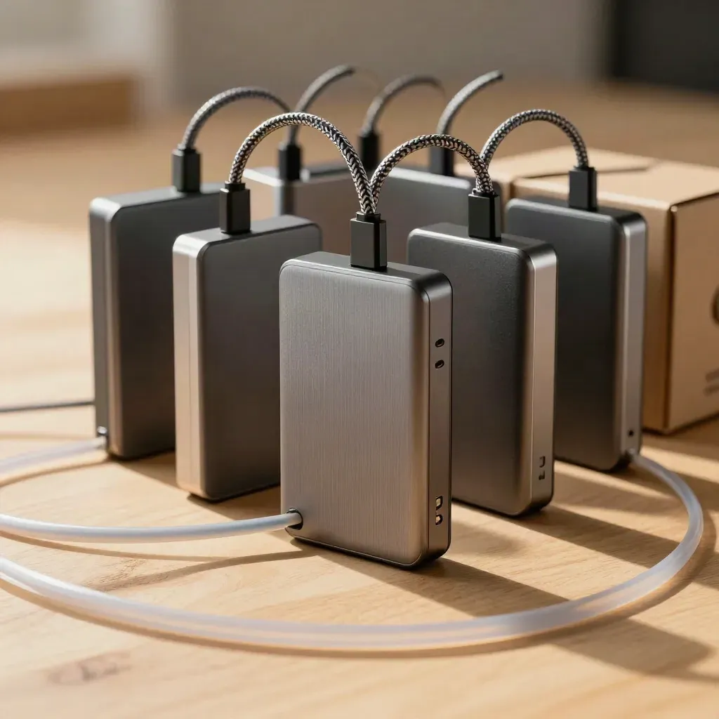 SSD drives, cables, and archive boxes spread across pale wood in a team backup still life.