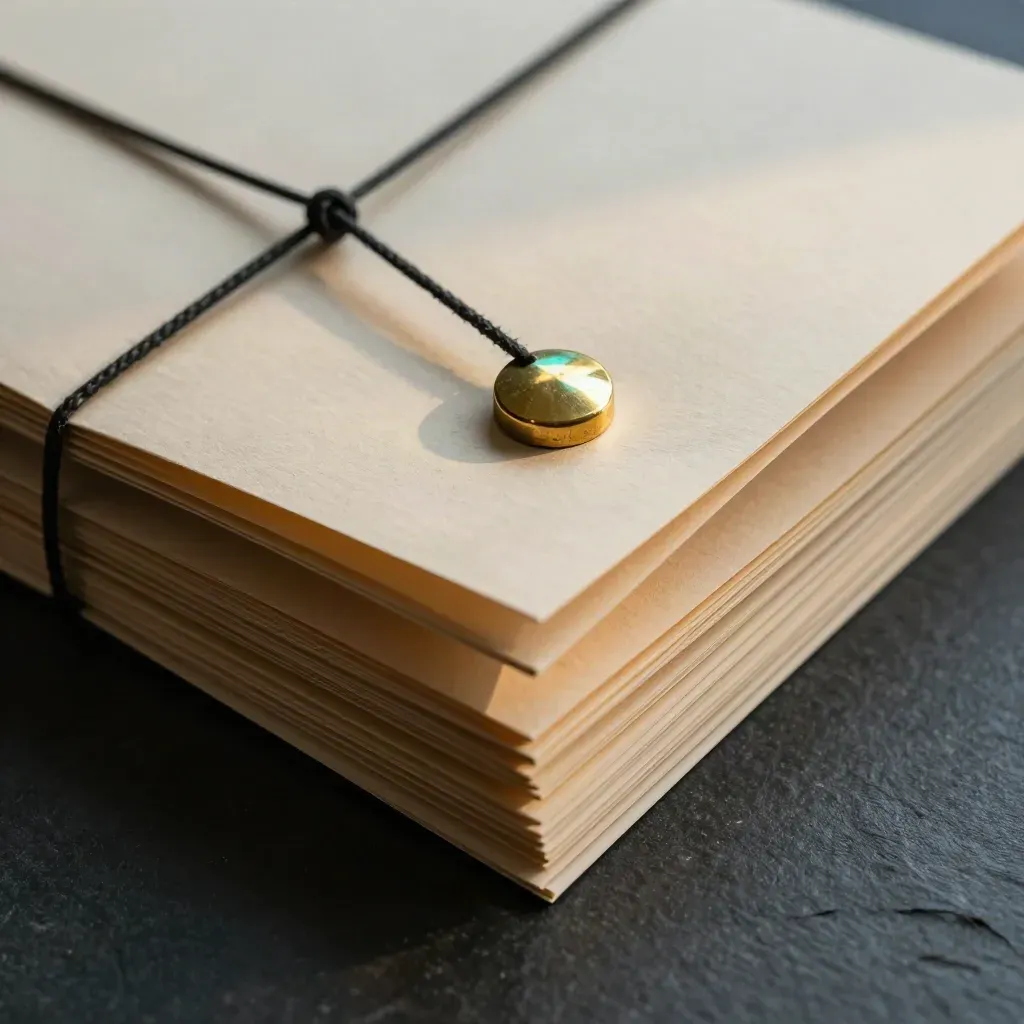Archival sleeves tied with black cord beside a brass seal and blank folders on slate
