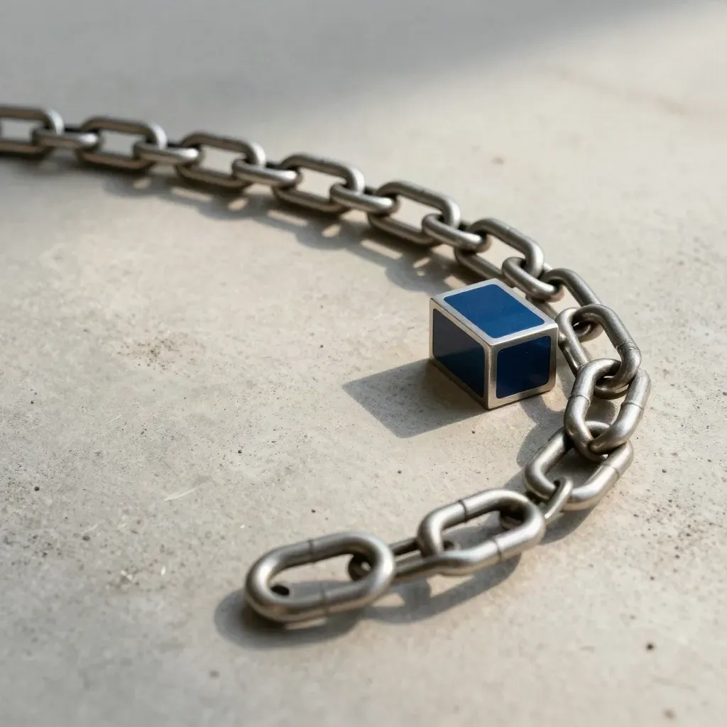 Top-down view of machined rings and a linked clip chain on matte concrete