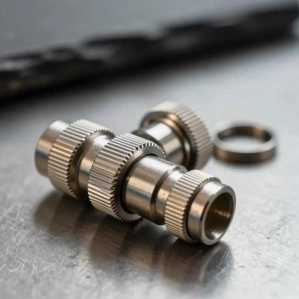 Two machined connector housings and a knurled coupler half-seated on brushed steel.