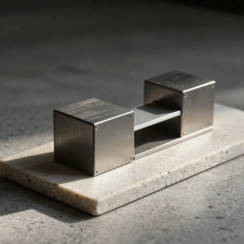 Dramatic still life of modular aluminum blocks and a magnetic bridge on pale stone.