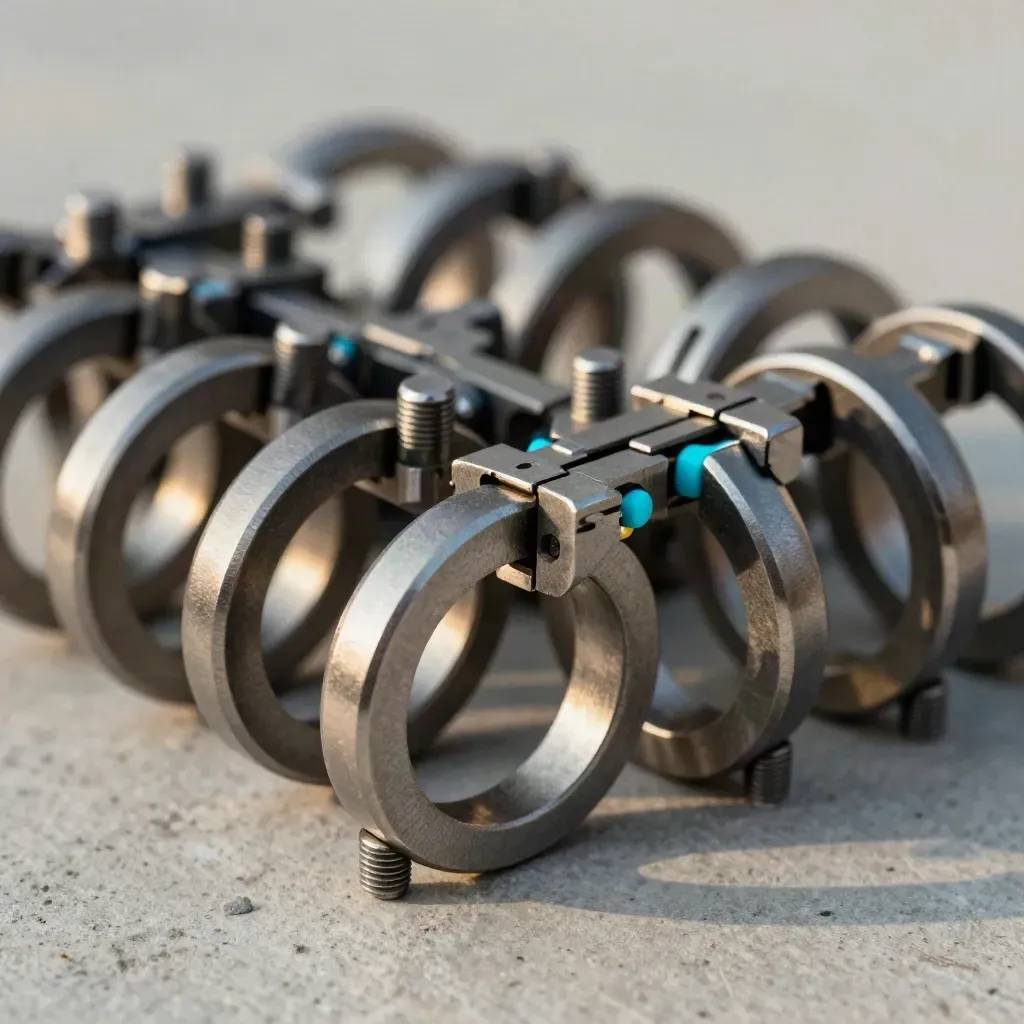 Linked metal rings and connector pins open on pale concrete with cool directional light.